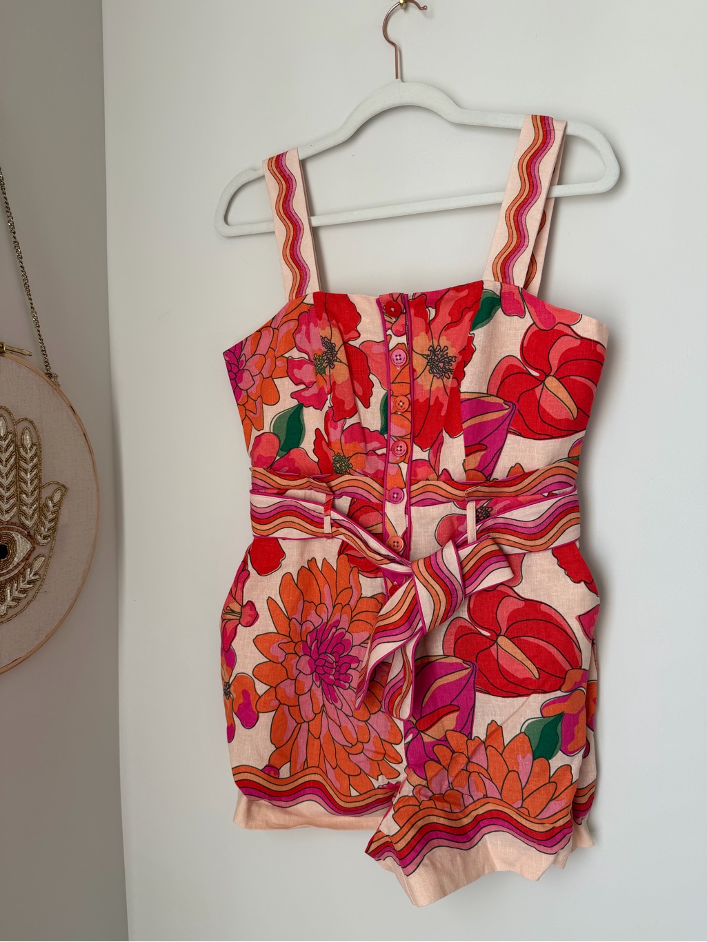 House Of Harlow 1960 Floral Pink & Red Linen Blend Shorts Romper